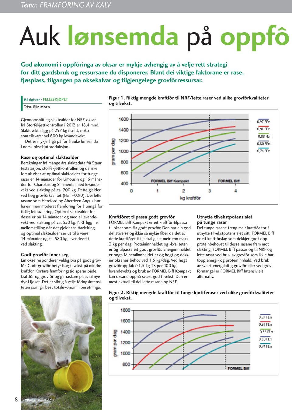 Riktig mengde kraftfôr til NRF/lette raser ved ulike grovfôrkvaliteter og tilvekst. Gjennomsnittleg slaktealder for NRF-oksar frå Storfekjøttkontrollen i 2012 er 18,4 mnd.
