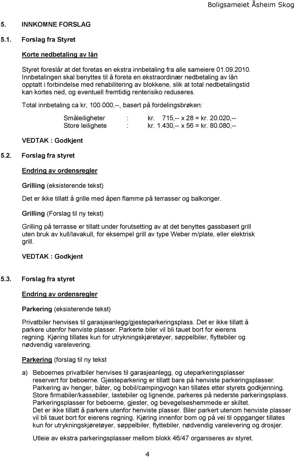 renterisiko reduseres. Total innbetaling ca kr, 100.000,--, basert på fordelingsbrøken: 5.2. Forslag fra styret Endring av ordensregler Småleiligheter : kr. 715,-- x 28 = kr. 20.