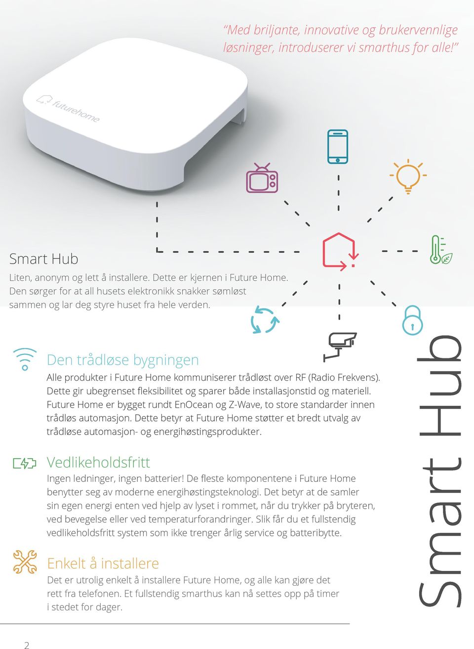 Den trådløse bygningen Alle produkter i Future Home kommuniserer trådløst over RF (Radio Frekvens). Dette gir ubegrenset eksibilitet og sparer både installasjonstid og materiell.