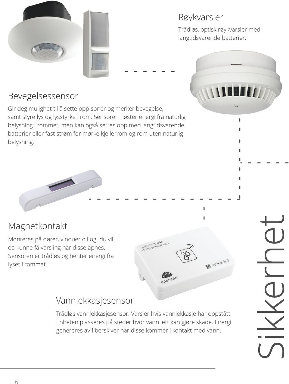 Magnetkontakt Monteres på dører, vinduer o.l og du vil da kunne få varsling når disse åpnes. Sensoren er trådløs og henter energi fra lyset i rommet.