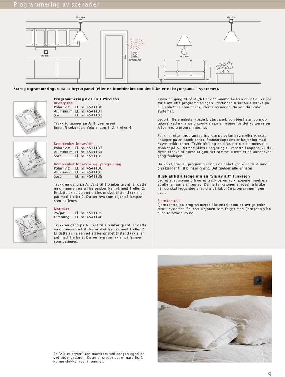 nr. 4541134 Sort: El. nr. 4541135 Kombienhet for av/på og lysregulering Polarhvit: El. nr. 4541136 Aluminium: El. nr. 4541137 Sort: El. nr. 4541138 Trykk en gang på A. Vent til B blinker grønt.