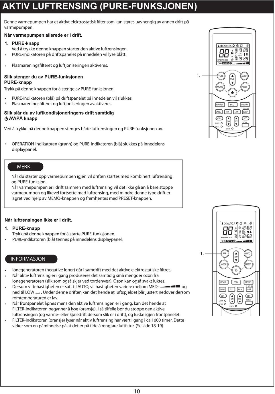 Slik stenger du av -funksjonen -knapp Trykk på denne knappen for å stenge av -funksjonen. PRE -indikatoren (blå) på driftspanelet på innedelen vil slukkes.