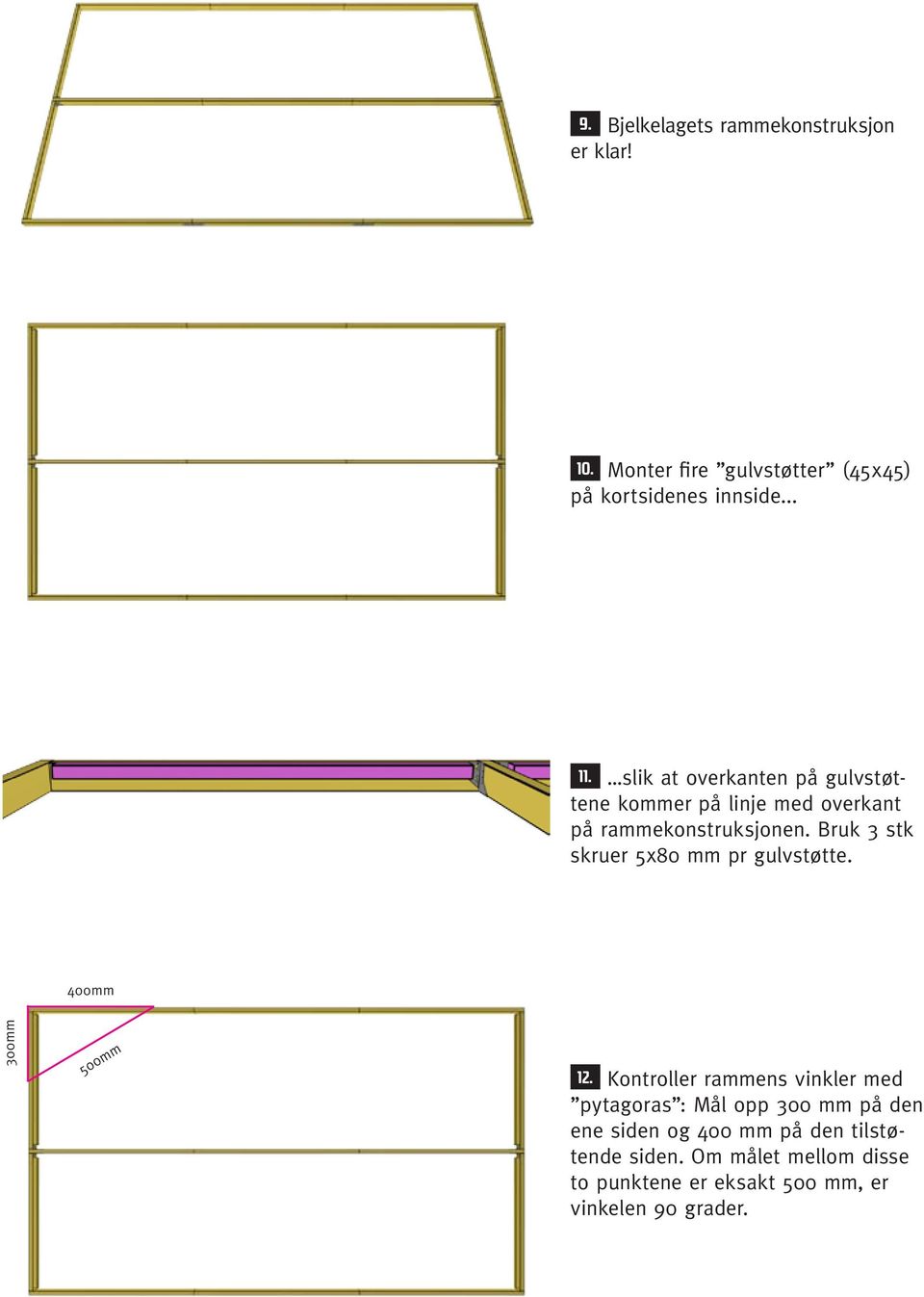 Bruk 3 stk skruer 5x80 mm pr gulvstøtte. 400mm 300mm 500mm 12.