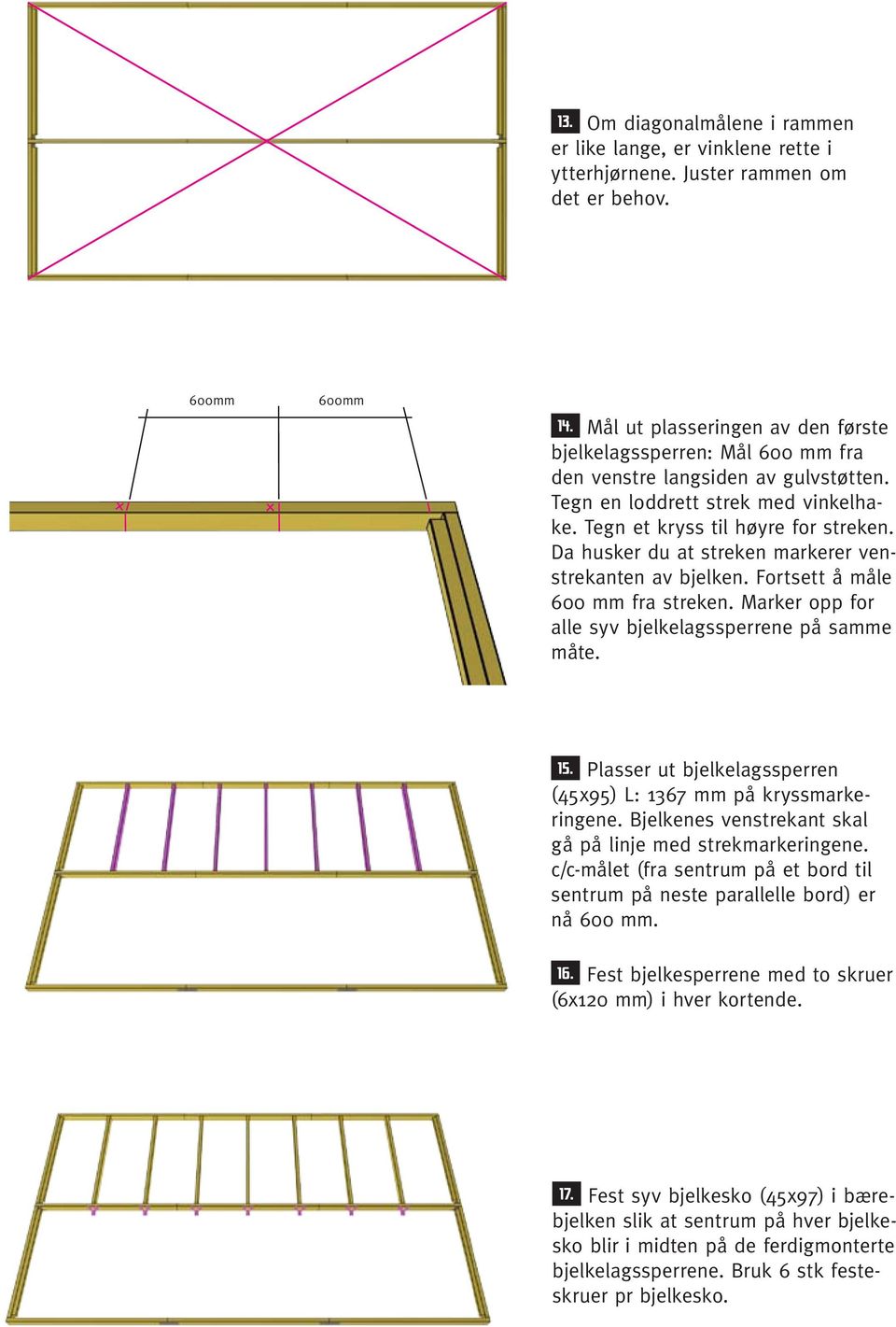 Da husker du at streken markerer venstrekanten av bjelken. Fortsett å måle 600 mm fra streken. Marker opp for alle syv bjelkelagssperrene på samme måte. 15.