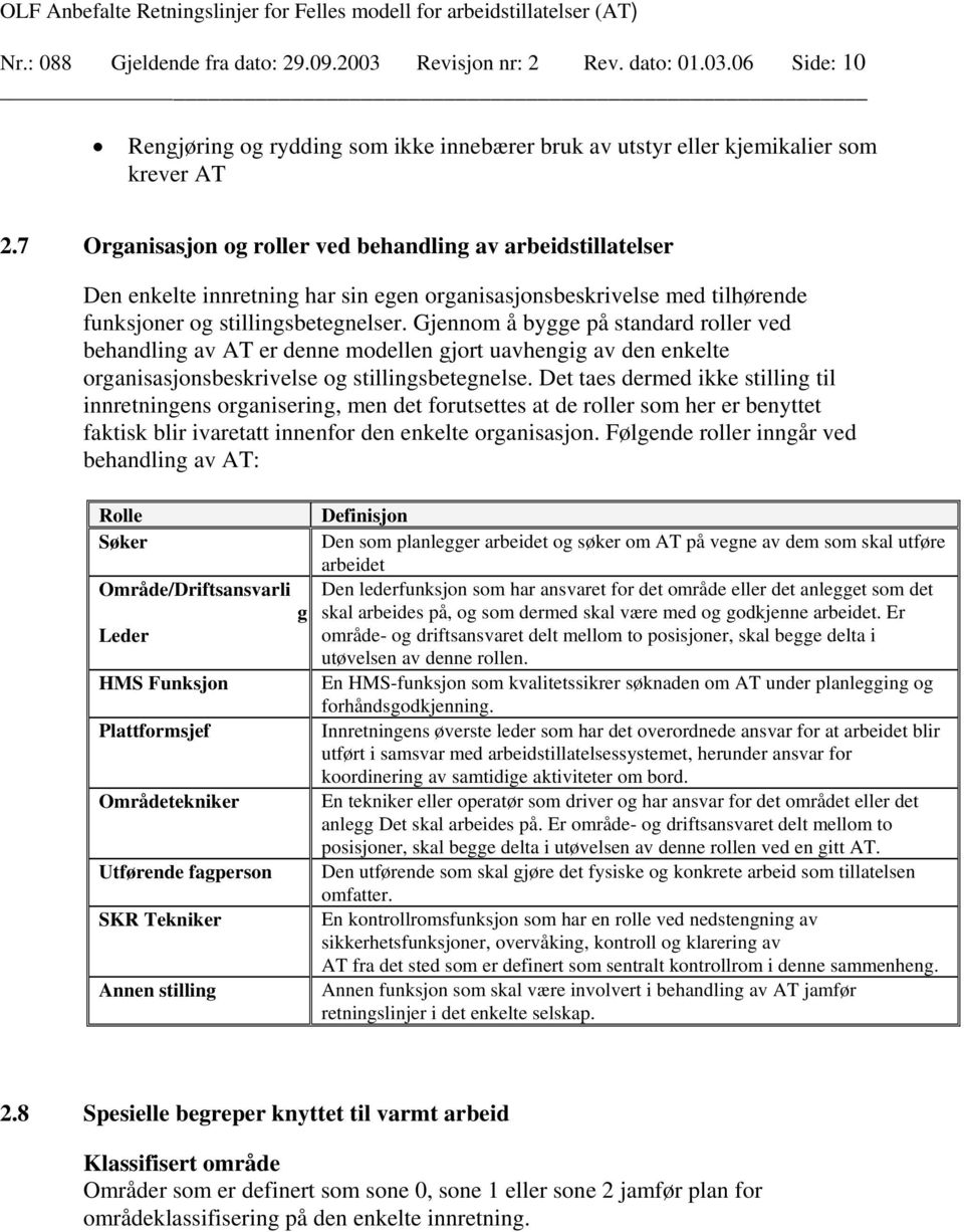 Gjennom å bygge på standard roller ved behandling av AT er denne modellen gjort uavhengig av den enkelte organisasjonsbeskrivelse og stillingsbetegnelse.