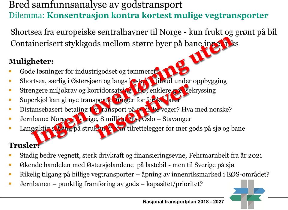 korridorsatsing i EU, enklere grensekryssing Superkjøl kan gi nye transportløsninger for ferske varer Distansebasert betaling for transport på svenske veger? Hva med norske?