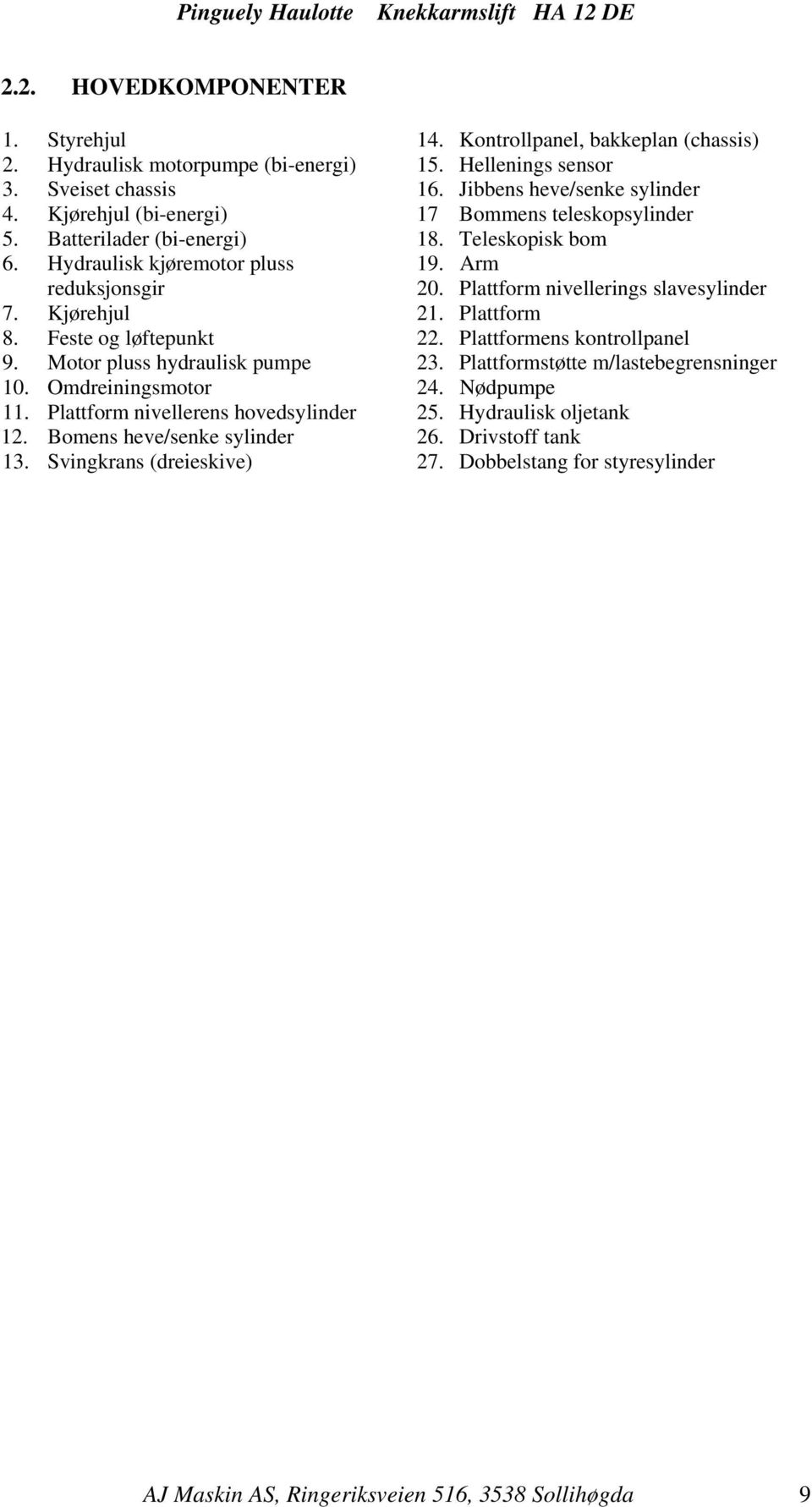 Kjørehjul 21. Plattform 8. Feste og løftepunkt 22. Plattformens kontrollpanel 9. Motor pluss hydraulisk pumpe 23. Plattformstøtte m/lastebegrensninger 10. Omdreiningsmotor 24. Nødpumpe 11.