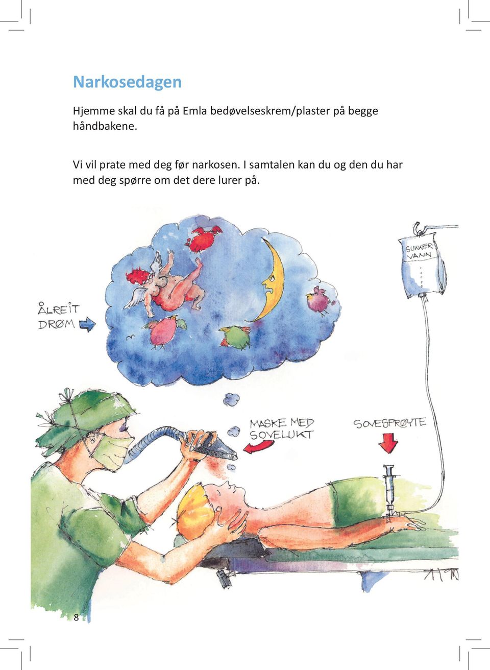 Narkose kan du også få som sovelukt gjennom en maske slik du ser på tegningen. Det er fint om du kan hjelpe til med å holde masken tett inntil ansiktet. Det kan lukte litt rart.