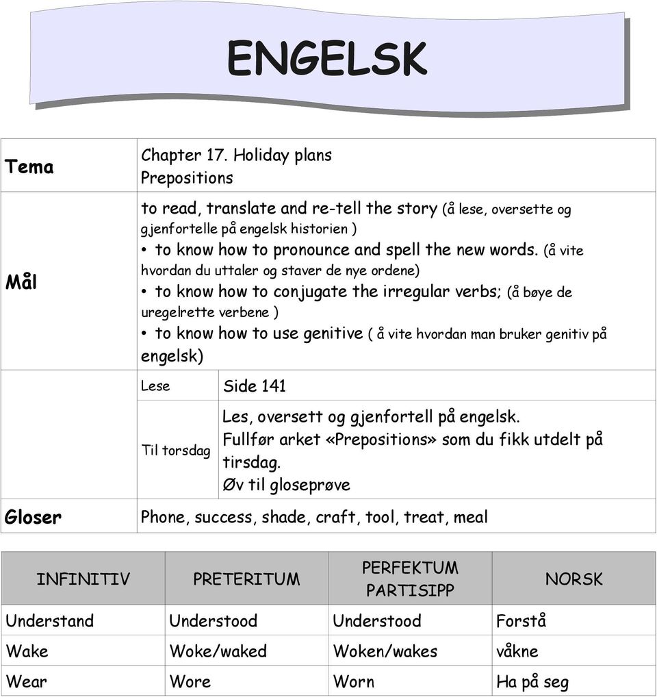 (å vite hvordan du uttaler og staver de nye ordene) to know how to conjugate the irregular verbs; (å bøye de uregelrette verbene ) to know how to use genitive ( å vite hvordan man bruker