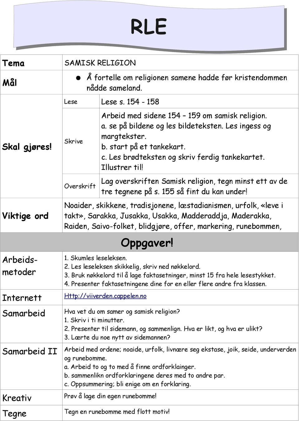 Lag overskriften Samisk religion, tegn minst ett av de tre tegnene på s. 155 så fint du kan under!