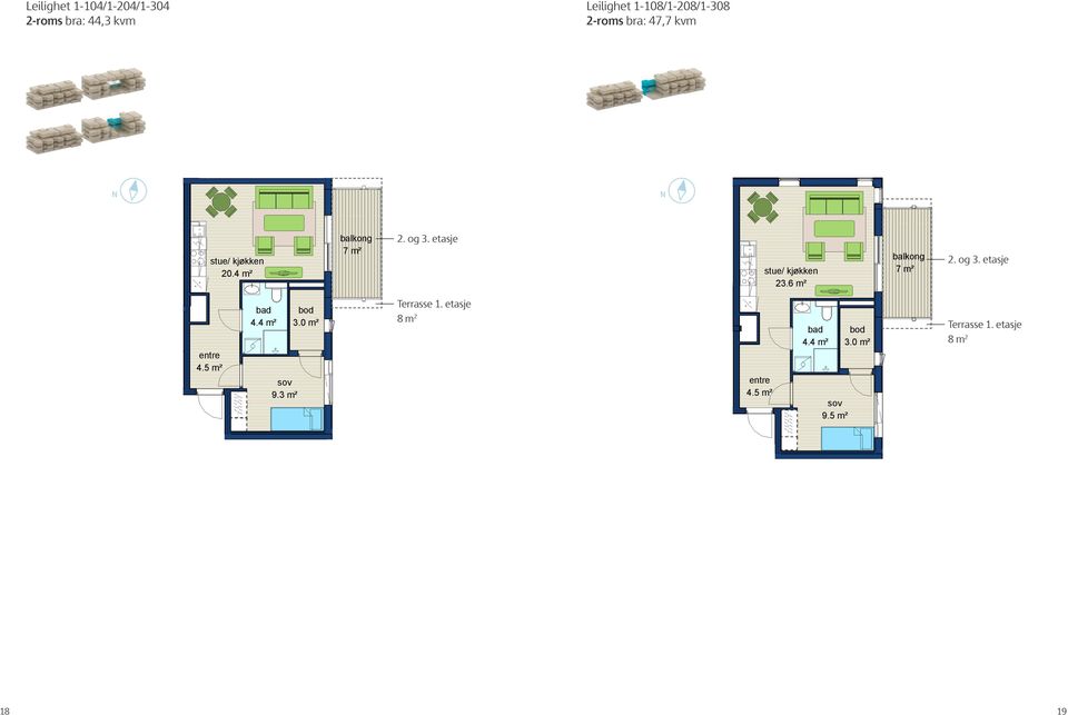 6 m² 7 m² 1-208 2-roms 47.7 m² 2. og 3. etasje entre 4.5 m² 4.4 m² 9.3 m² 3.