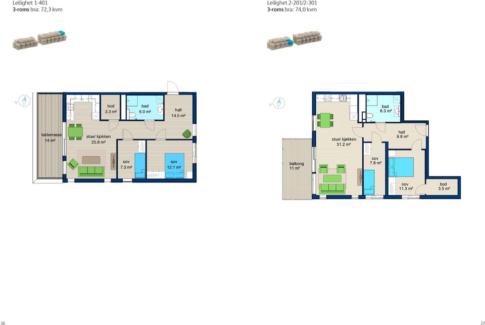 5 m² 2-201 3 roms BRA 74.0 m² 6.3 m² takterrasse 14 m² 25.