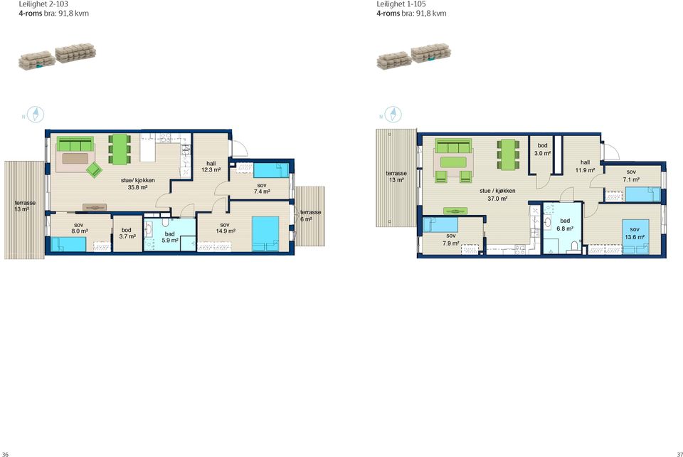 3 m² 14.9 m² 7.4 m² terrasse 6 m² 1-105 4-roms BRA 91.