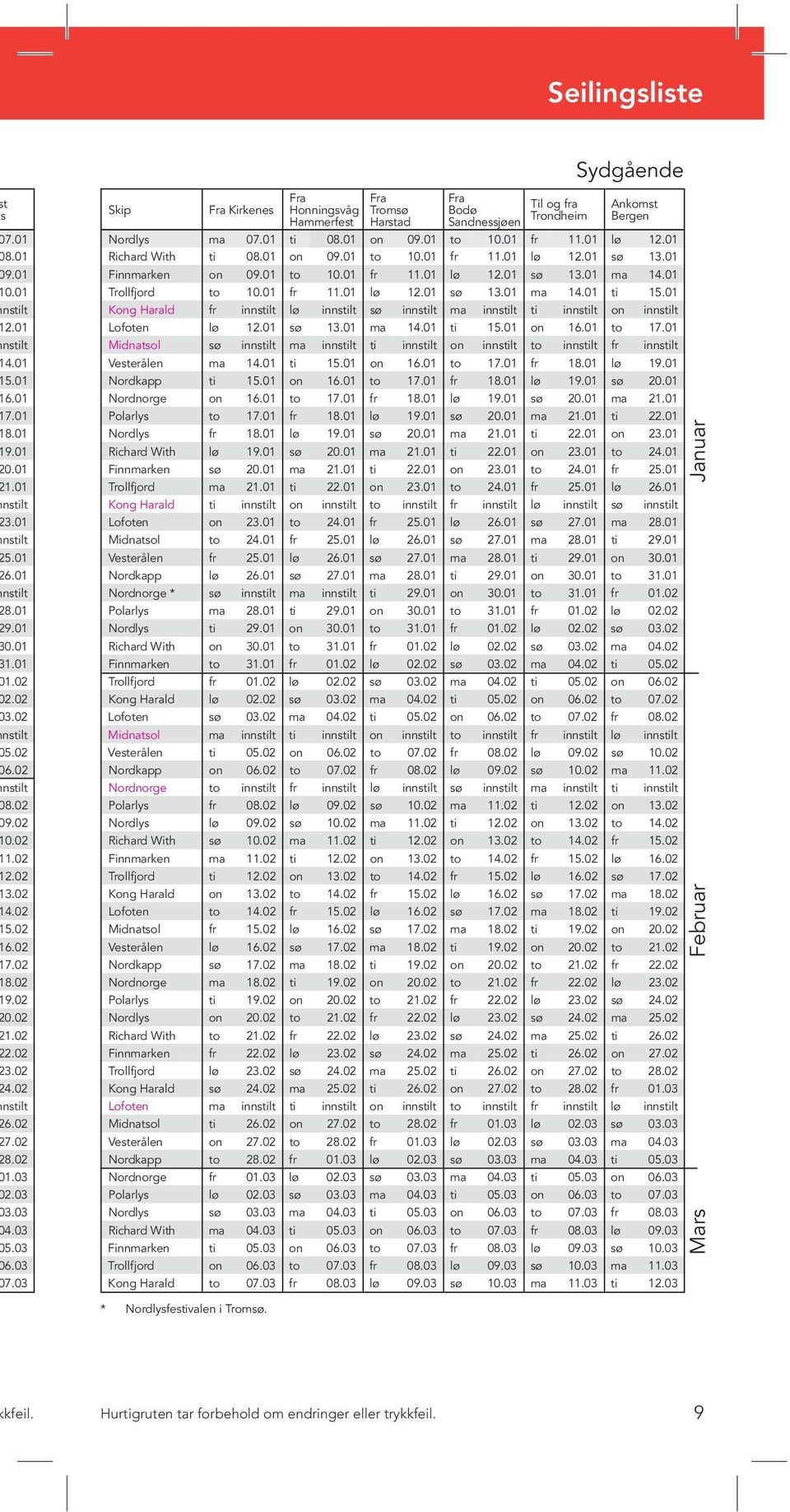 03 Kirkenes Honningsvåg Hammerfest Tromsø Harstad Bodø Til og fra Sandnessjøen Trondheim Ankomst Bergen lys ma 07.01 ti 08.01 on 09.01 to 10.01 fr 11.01 lø 12.01 rd With ti 08.01 on 09.01 to 10.01 fr 11.01 lø 12.01 sø 13.