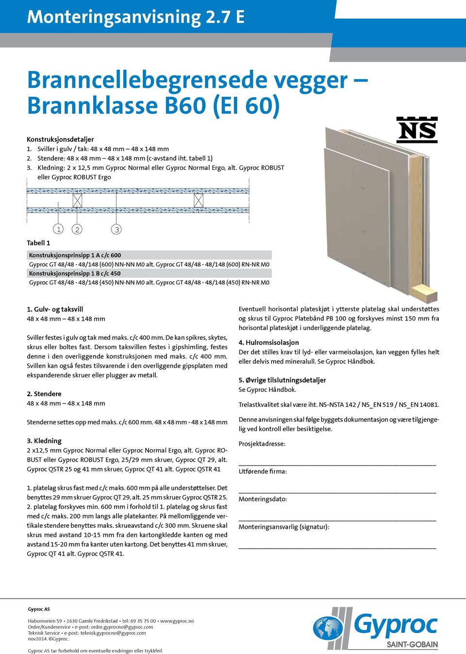 Gyproc GT 48/48-48/148 (450) RN-NR M0 1. Gulv- og taksvill Sviller festes i gulv og tak med maks. c/c 400 mm. De kan spikres, skytes, skrus eller boltes fast.