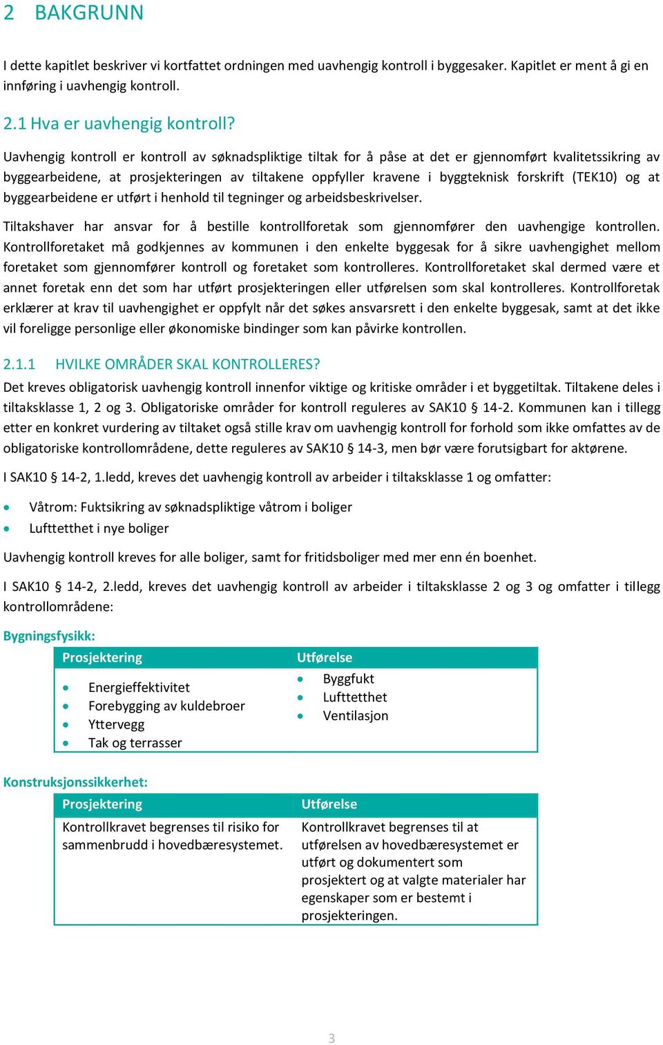 (TEK10) og at byggearbeidene er utført i henhold til tegninger og arbeidsbeskrivelser. Tiltakshaver har ansvar for å bestille kontrollforetak som gjennomfører den uavhengige kontrollen.