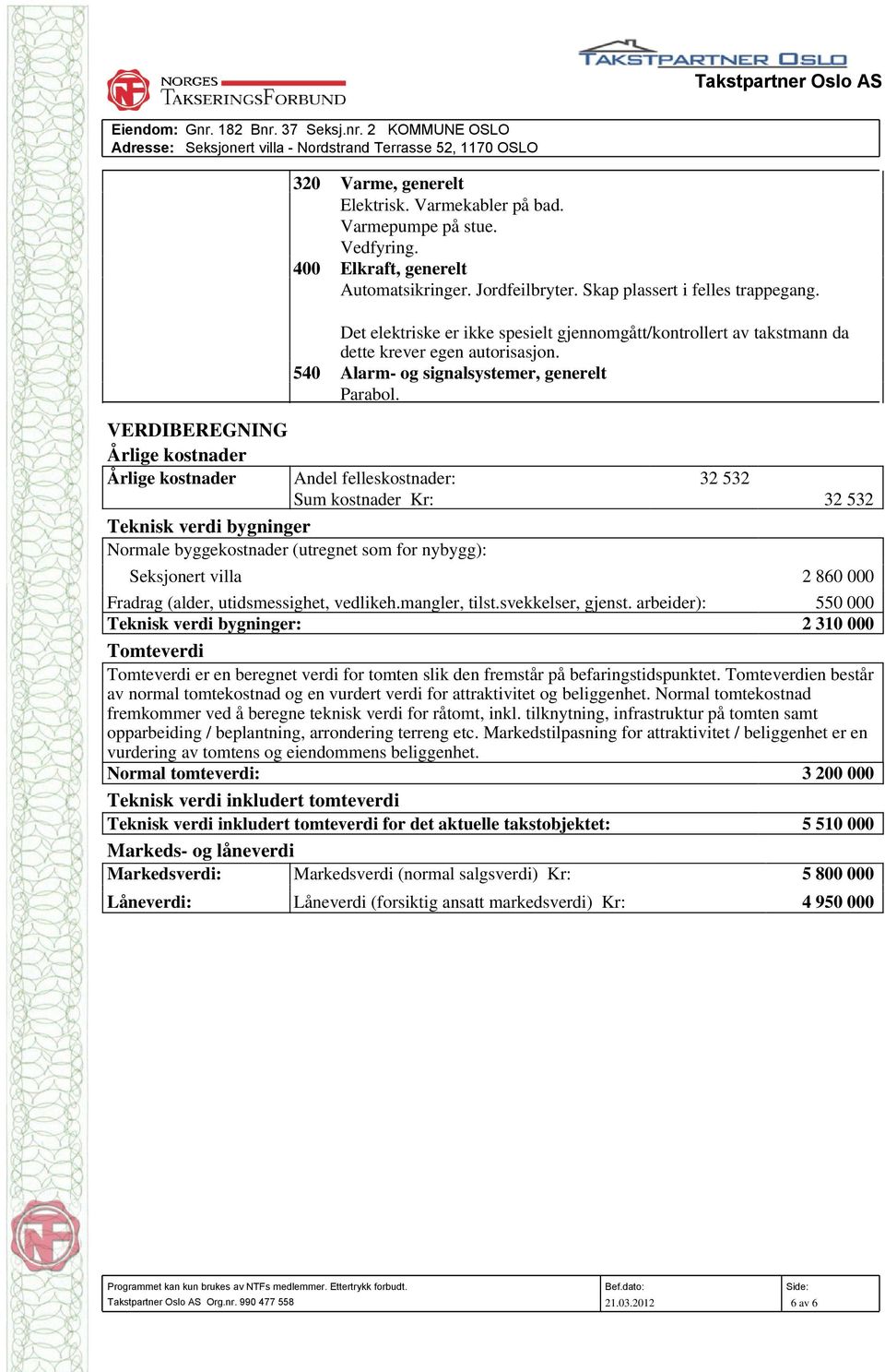 VERDIBEREGNING Årlige kostnader Årlige kostnader Andel felleskostnader: 32 532 Sum kostnader Kr: 32 532 Teknisk verdi bygninger Normale byggekostnader (utregnet som for nybygg): 2 860 000 Fradrag