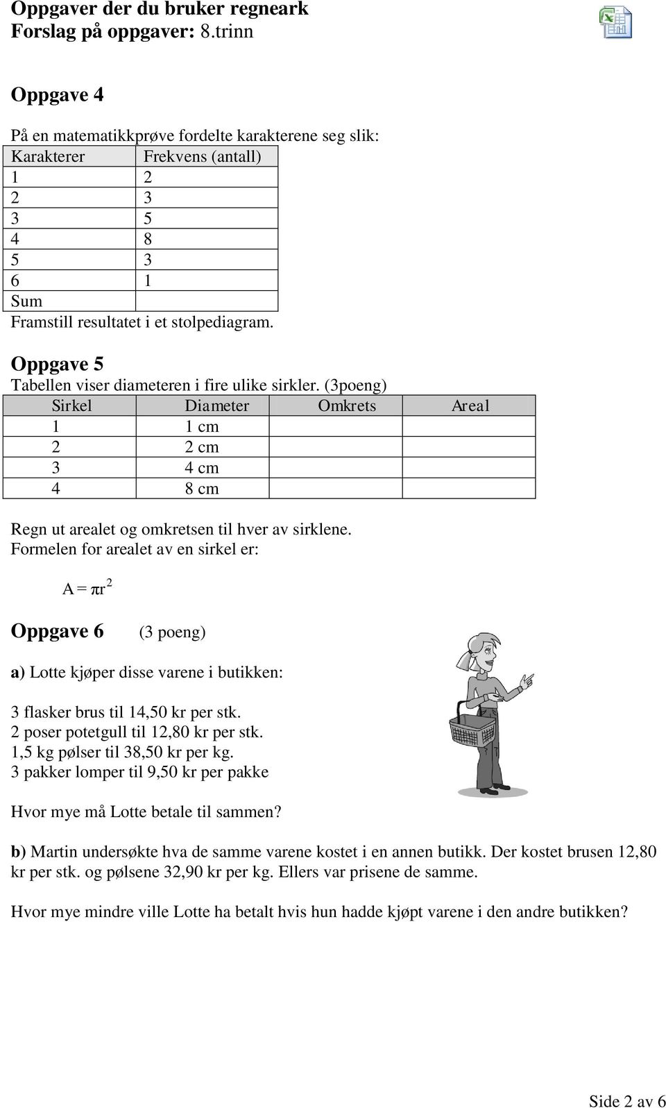 Formelen for arealet av en sirkel er: A = πr 2 Oppgave 6 (3 poeng) a) Lotte kjøper disse varene i butikken: 3 flasker brus til 14,50 kr per stk. 2 poser potetgull til 12,80 kr per stk.