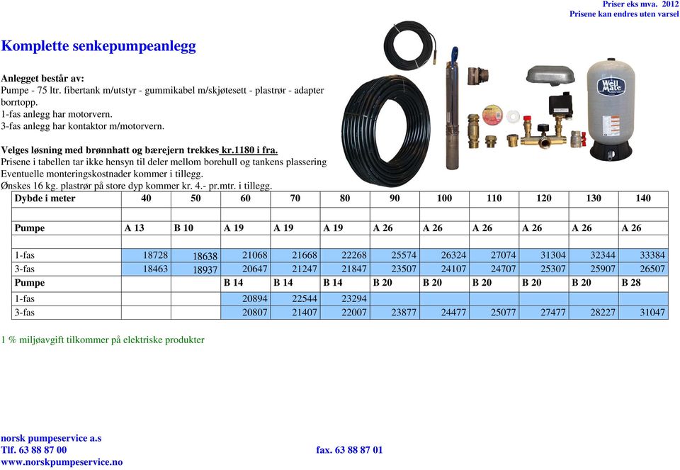 Prisene i tabellen tar ikke hensyn til deler mellom borehull og tankens plassering Eventuelle monteringskostnader kommer i tillegg. Ønskes 16 kg. plastrør på store dyp kommer kr. 4.- pr.mtr.