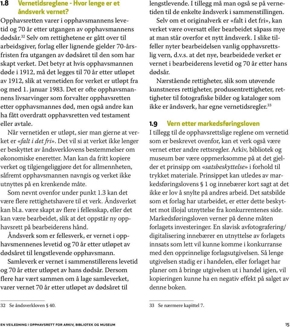 Det betyr at hvis opphavsmannen døde i 1912, må det legges til 70 år etter utløpet av 1912, slik at vernetiden for verket er utløpt fra og med 1. januar 1983.