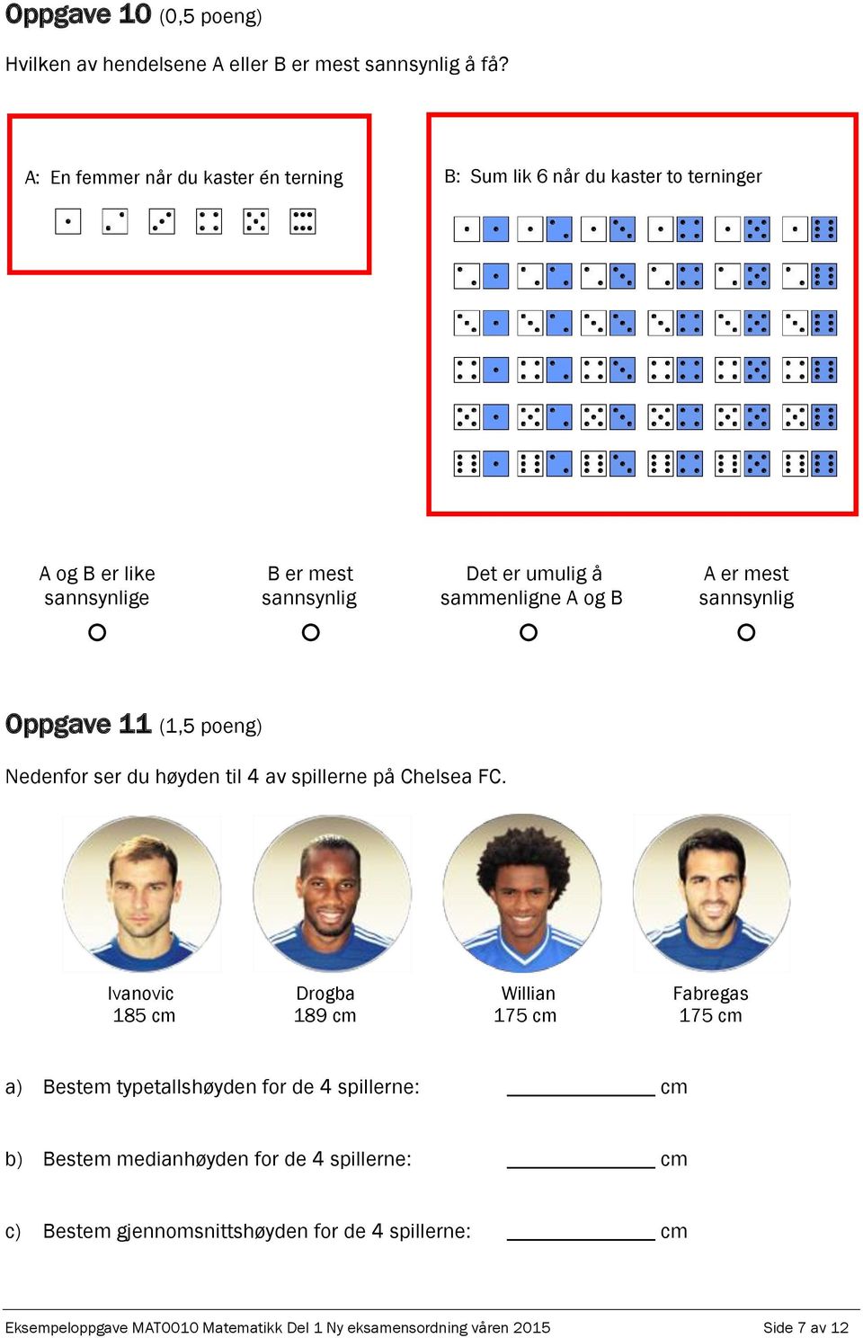 B A er mest sannsynlig Oppgave 11 (1,5 poeng) Nedenfor ser du høyden til 4 av spillerne på Chelsea FC.
