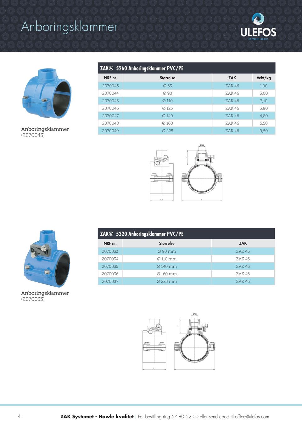 Anboringsklammer PVC/PE Størrelse ZAK 2070033 Ø 90 mm ZAK 46 2070034 Ø 110 mm ZAK 46 2070035 Ø 140 mm ZAK 46 2070036 Ø 160 mm ZAK 46 2070037 Ø