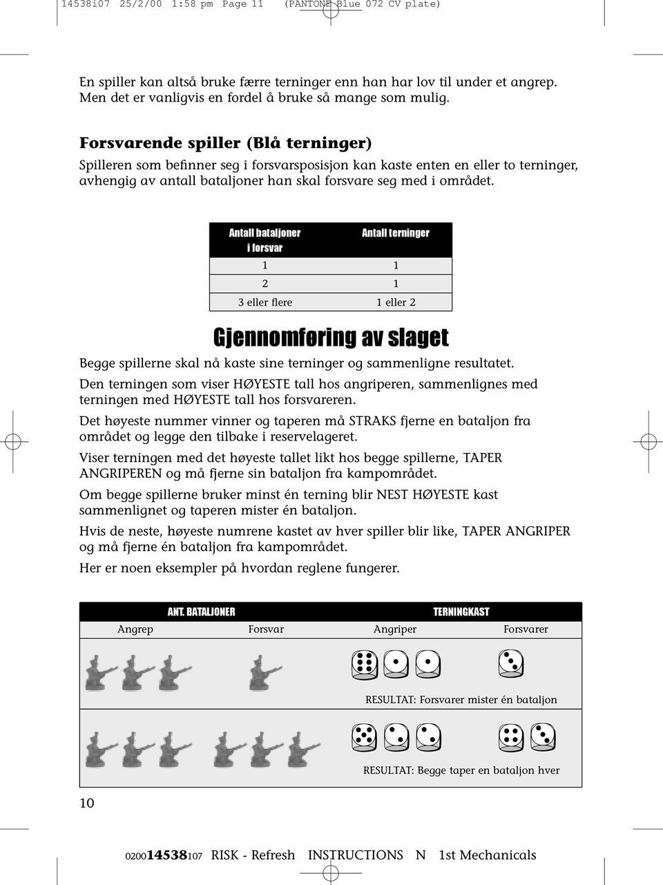 Antall bataljoner Antall terninger i forsvar 1 1 2 1 3 eller flere 1 eller 2 Gjennomføring av slaget Begge spillerne skal nå kaste sine terninger og sammenligne resultatet.