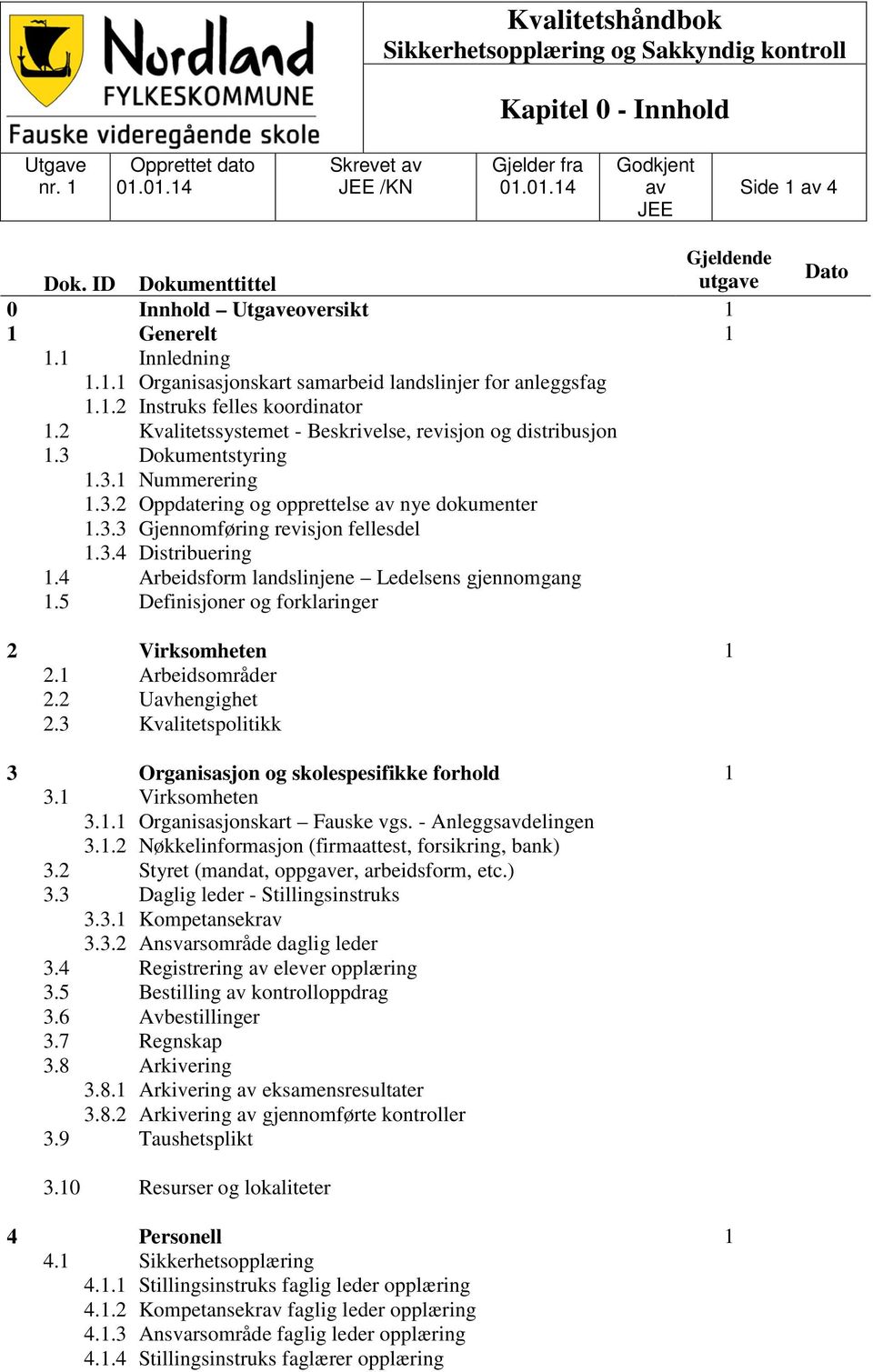 2 Kvalitetssystemet - Beskrivelse, revisjon og distribusjon 1.3 Dokumentstyring 1.3.1 Nummerering 1.3.2 Oppdatering og opprettelse av nye dokumenter 1.3.3 Gjennomføring revisjon fellesdel 1.3.4 Distribuering 1.