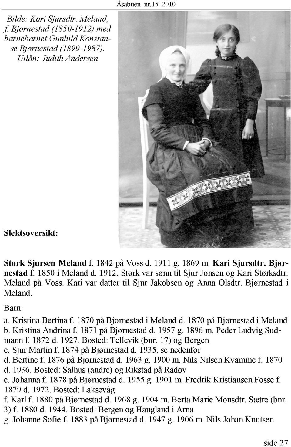 Bjørnestad i Meland. Barn: a. Kristina Bertina f. 1870 på Bjørnestad i Meland d. 1870 på Bjørnestad i Meland b. Kristina Andrina f. 1871 på Bjørnestad d. 1957 g. 1896 m. Peder Ludvig Sudmann f.