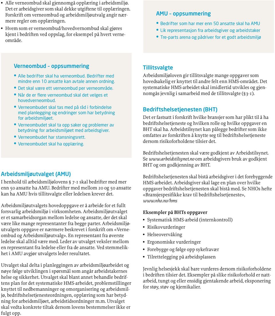 AMU oppsummering Bedrifter som har mer enn 50 ansatte skal ha AMU Lik representasjon fra arbeidsgiver og arbeidstaker Tre-parts arena og pådriver for et godt arbeidsmiljø Verneombud oppsummering Alle