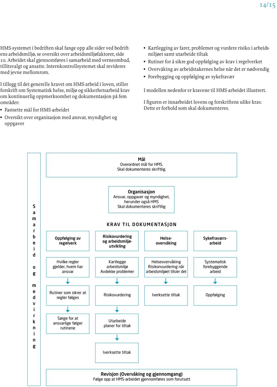 I tillegg til det generelle kravet om HMS-arbeid i loven, stiller forskrift om Systematisk helse, miljø og sikkerhetsarbeid krav om kontinuerlig oppmerksomhet og dokumentasjon på fem områder: