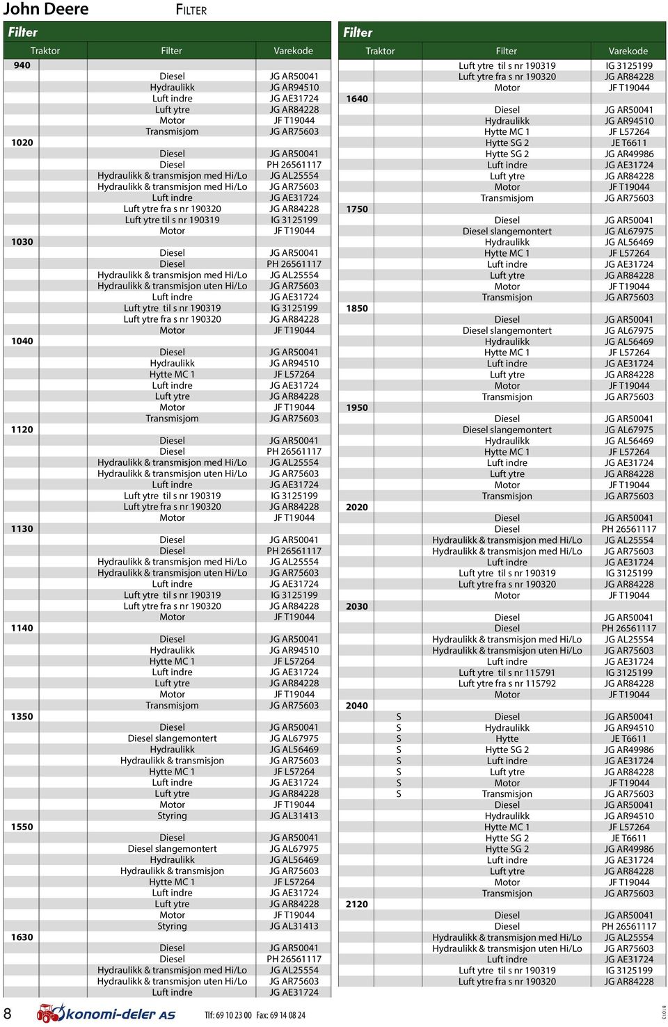 Diesel PH 26561117 Hydraulikk & transmisjon med Hi/Lo JG AL25554 Hydraulikk & transmisjon uten Hi/Lo JG AR75603 JG AE31724 Luft ytre til s nr 190319 IG 3125199 Luft ytre fra s nr 190320 JG AR84228 JF