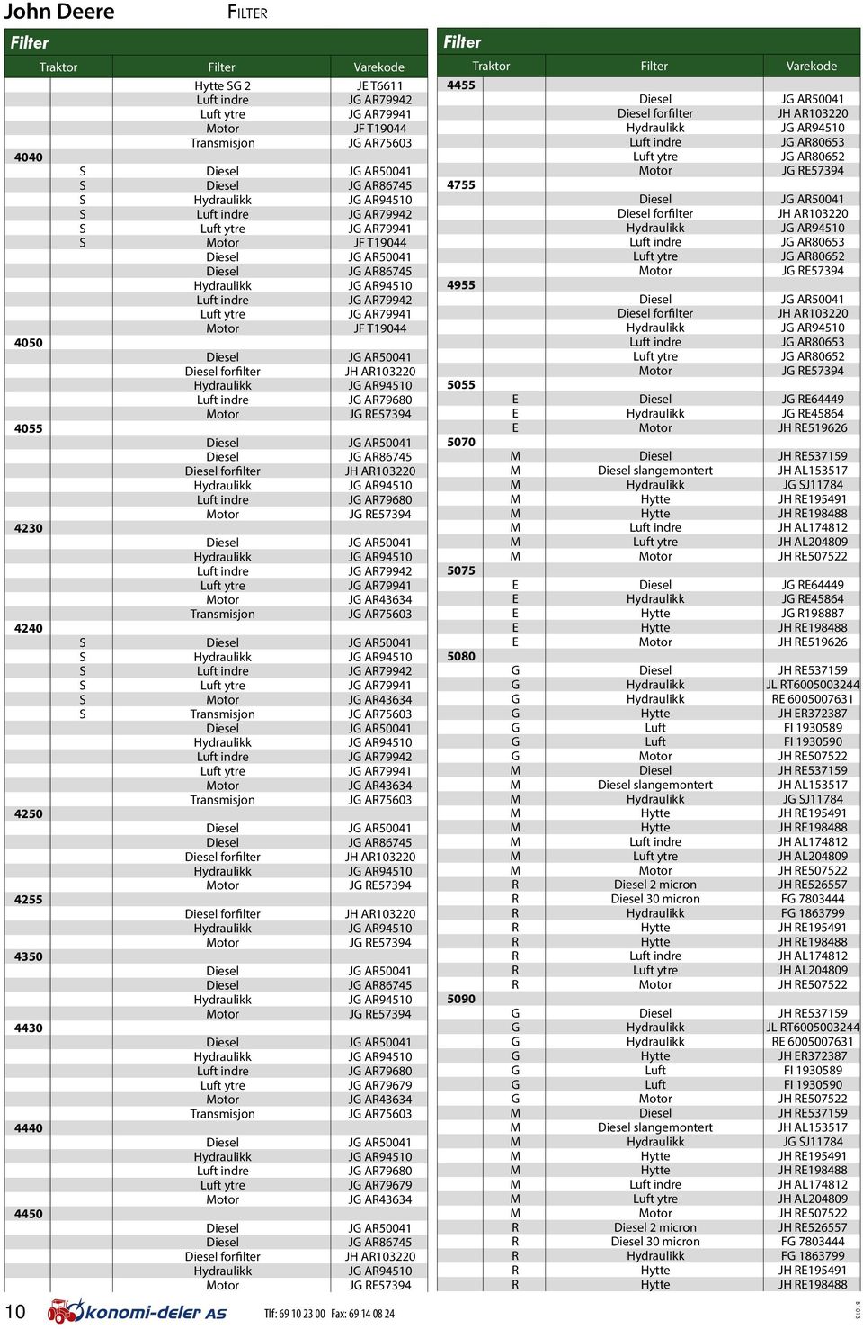 Hydraulikk JG AR94510 JG AR79680 JG RE57394 4055 Diesel JG AR50041 Diesel JG AR86745 Diesel forfilter JH AR103220 Hydraulikk JG AR94510 JG AR79680 JG RE57394 4230 Diesel JG AR50041 Hydraulikk JG