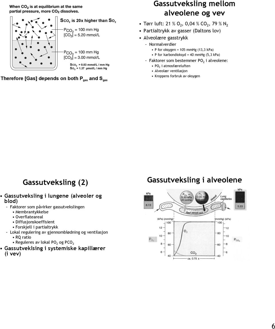 mmhg (13,3 kpa) P for karbondioksyd = 40 mmhg (5,3 kpa) Faktorer som bestemmer PO 2 i alveolene: PO 2 i atmosfæreluften Alveolær ventilasjon Kroppens forbruk av oksygen Gassutveksling (2)