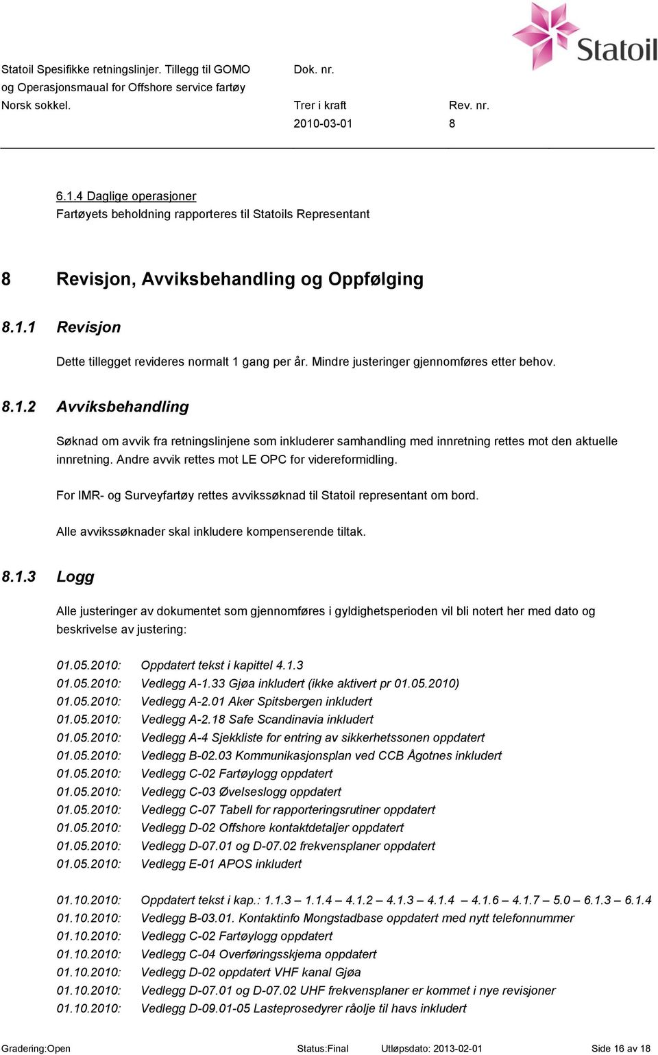 Andre avvik rettes mot LE OPC for videreformidling. For IMR- og Surveyfartøy rettes avvikssøknad til Statoil representant om bord. Alle avvikssøknader skal inkludere kompenserende tiltak. 8.1.