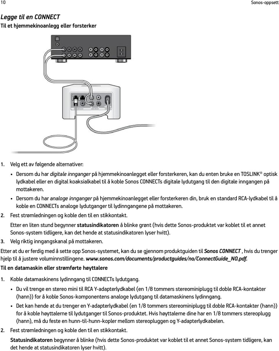 Sonos CONNECTs digitale lydutgang til den digitale inngangen på mottakeren.