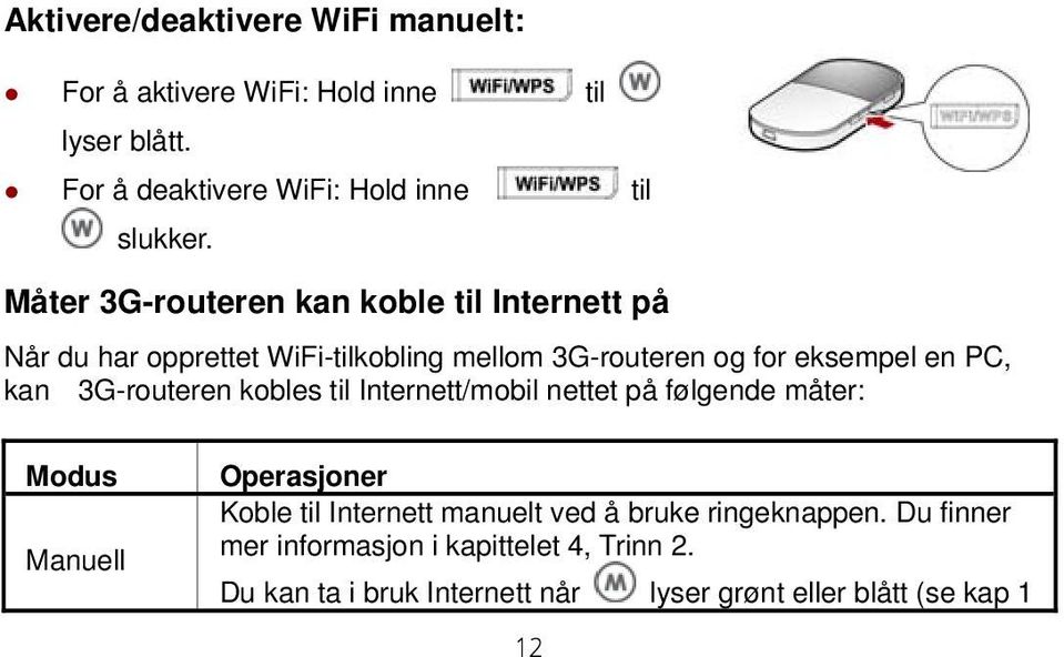 3G-routeren kobles til Internett/mobil nettet på følgende måter: Modus Manuell Operasjoner Koble til Internett manuelt ved å