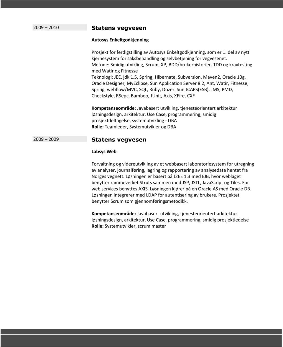 5, Spring, Hibernate, Subversion, Maven2, Oracle 10g, Oracle Designer, MyEclipse, Sun Application Server 8.2, Ant, Watir, Fitnesse, Spring webflow/mvc, SQL, Ruby, Dozer.