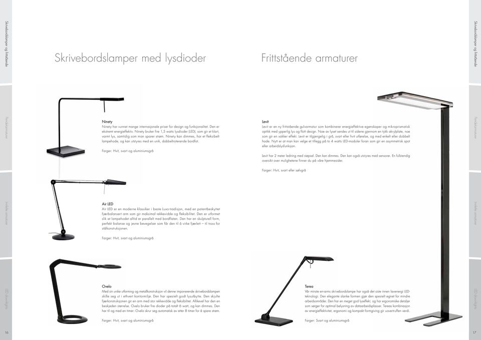 Ninety kan dimmes, har et fleksibelt lampehode, og kan utstyres med en unik, dobbeltroterende bordfot.