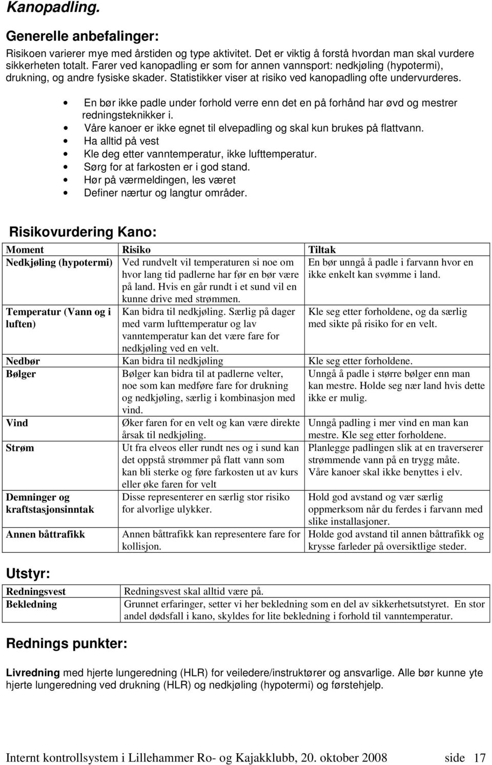 En bør ikke padle under forhold verre enn det en på forhånd har øvd og mestrer redningsteknikker i. Våre kanoer er ikke egnet til elvepadling og skal kun brukes på flattvann.