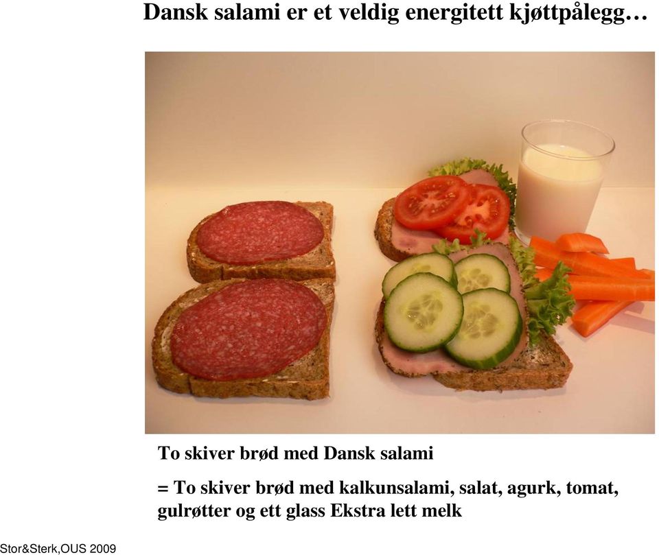 = To skiver brød med kalkunsalami, salat,