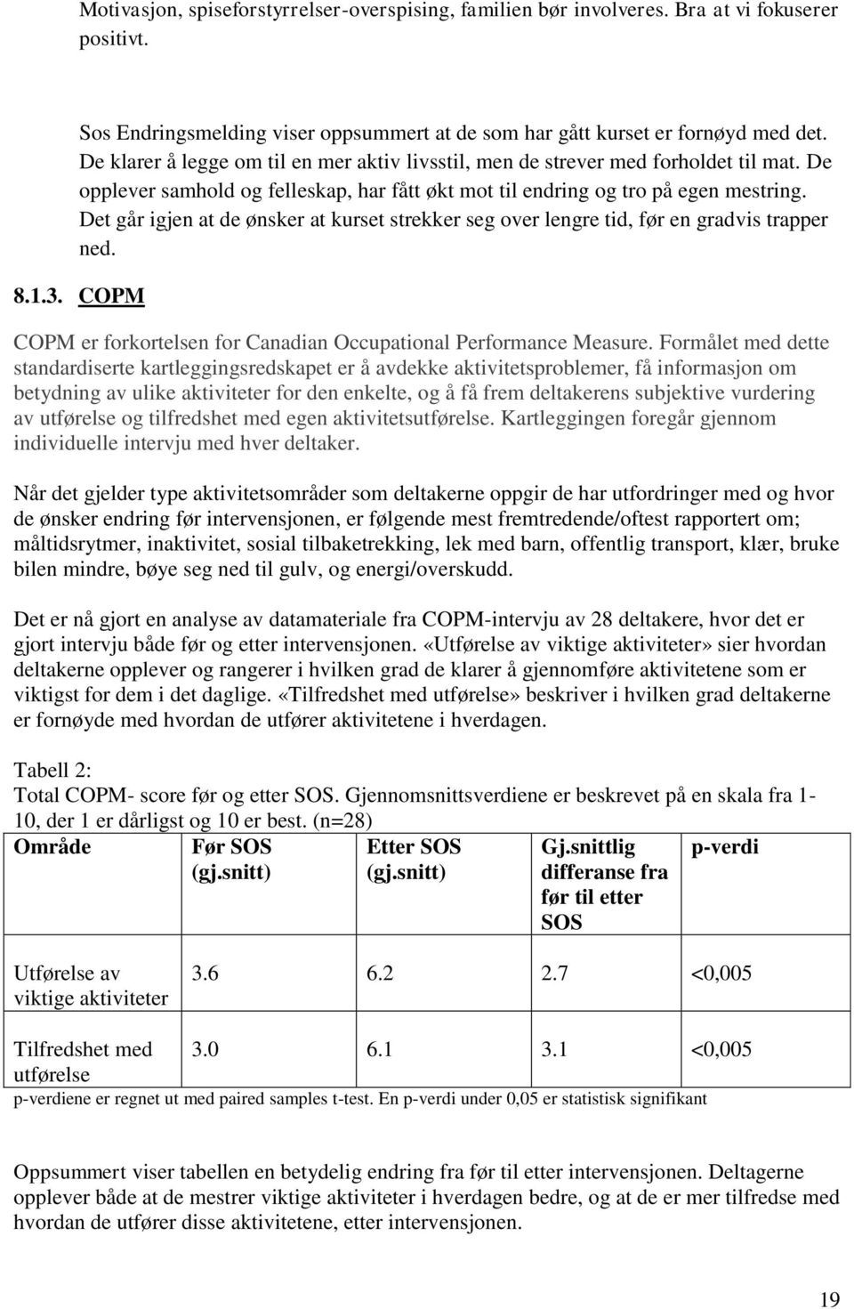 Det går igjen at de ønsker at kurset strekker seg over lengre tid, før en gradvis trapper ned. 8.1.3. COPM COPM er forkortelsen for Canadian Occupational Performance Measure.