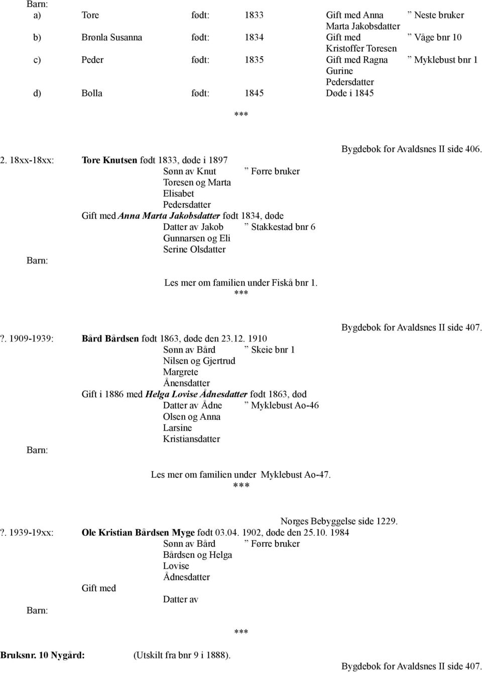 18xx-18xx: Tore Knutsen født 1833, døde i 1897 Sønn av Knut Førre bruker Toresen og Marta Elisabet Pedersdatter Gift med Anna Marta Jakobsdatter født 1834, døde Jakob Stakkestad bnr 6 Gunnarsen og