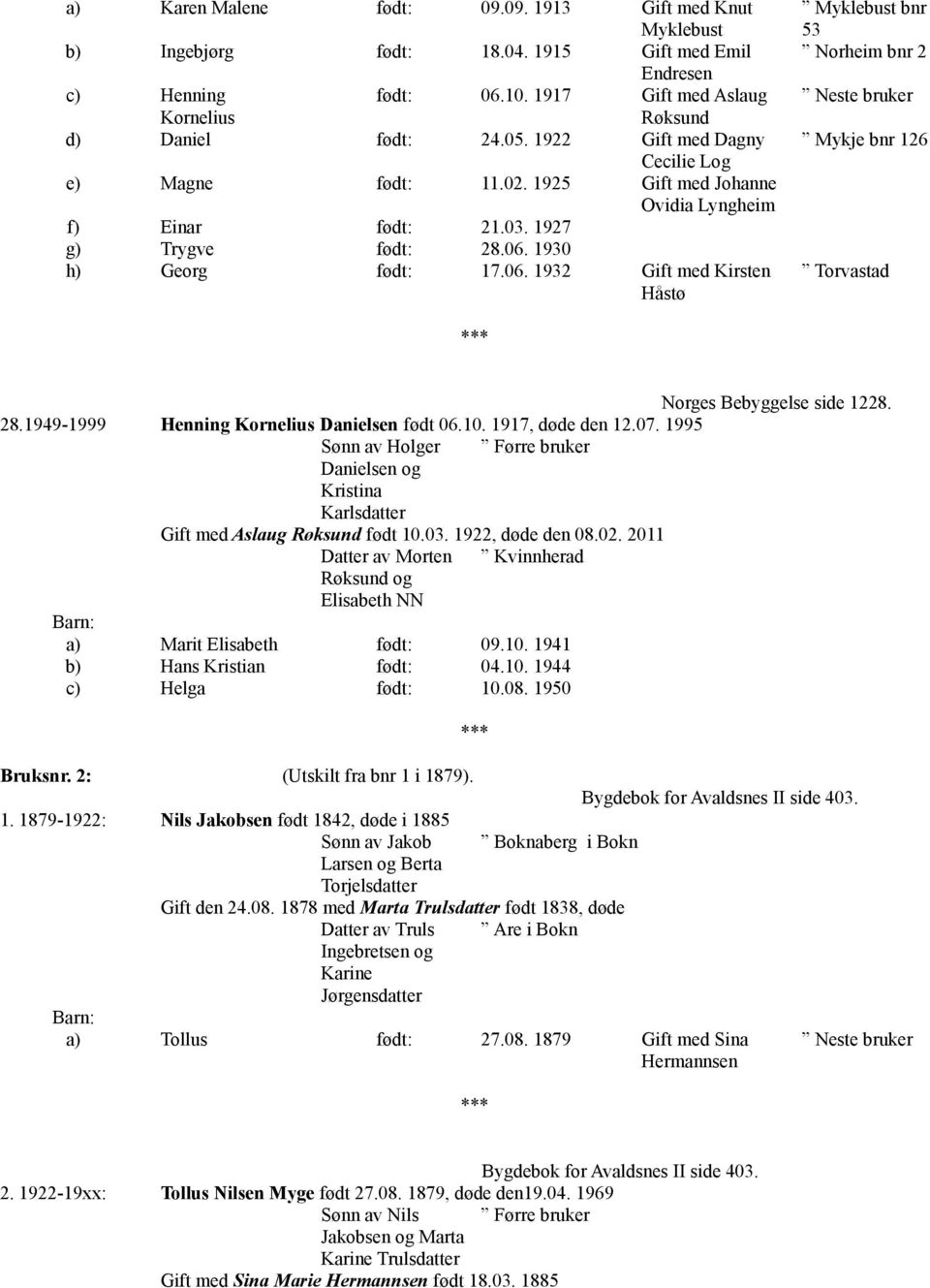 1930 h) Georg født: 17.06. 1932 Gift med Kirsten Håstø Myklebust bnr 53 Norheim bnr 2 Neste bruker Mykje bnr 126 Torvastad Norges Bebyggelse side 1228. 28.