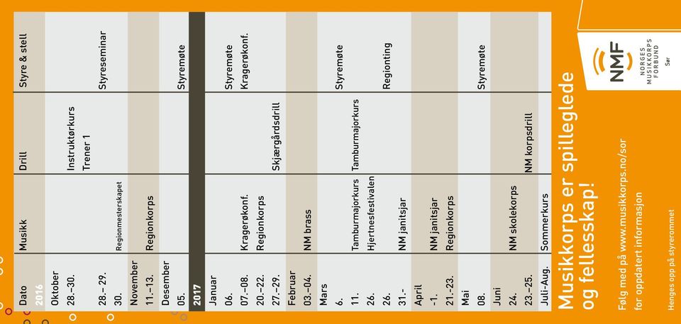 Tamburmajorkurs Tamburmajorkurs 26. Hjertnesfestivalen 26. Regionting 31.- NM janitsjar April -1. NM janitsjar 21.-23. Regionkorps Mai 08. Styremøte Juni 24.