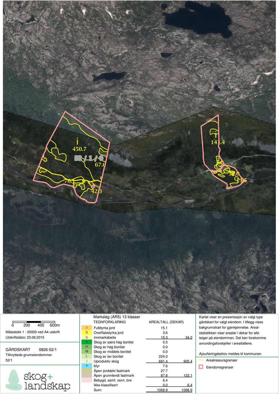 0 S Skog av særs høg bonitet 0.0 H Skog av høg bonitet 0.0 M Skog av middels bonitet 0.0 L Skog av lav bonitet 224.0 i Uproduktiv skog 681.4 905.4 1 Myr 7.6 Åpen jorddekt fastmark 27.