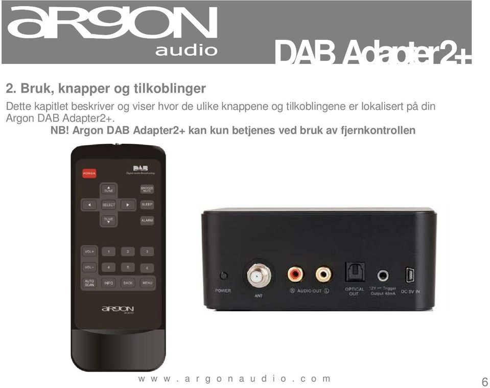 tilkoblingene er lokalisert på din Argon DAB Adapter2+. NB!