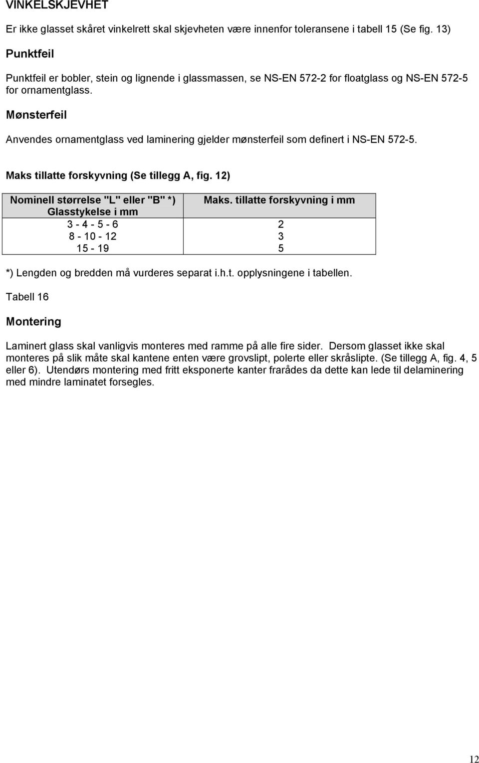 Mønsterfeil Anvendes ornamentglass ved laminering gjelder mønsterfeil som definert i NS-EN 572-5. Maks tillatte forskyvning (Se tillegg A, fig.