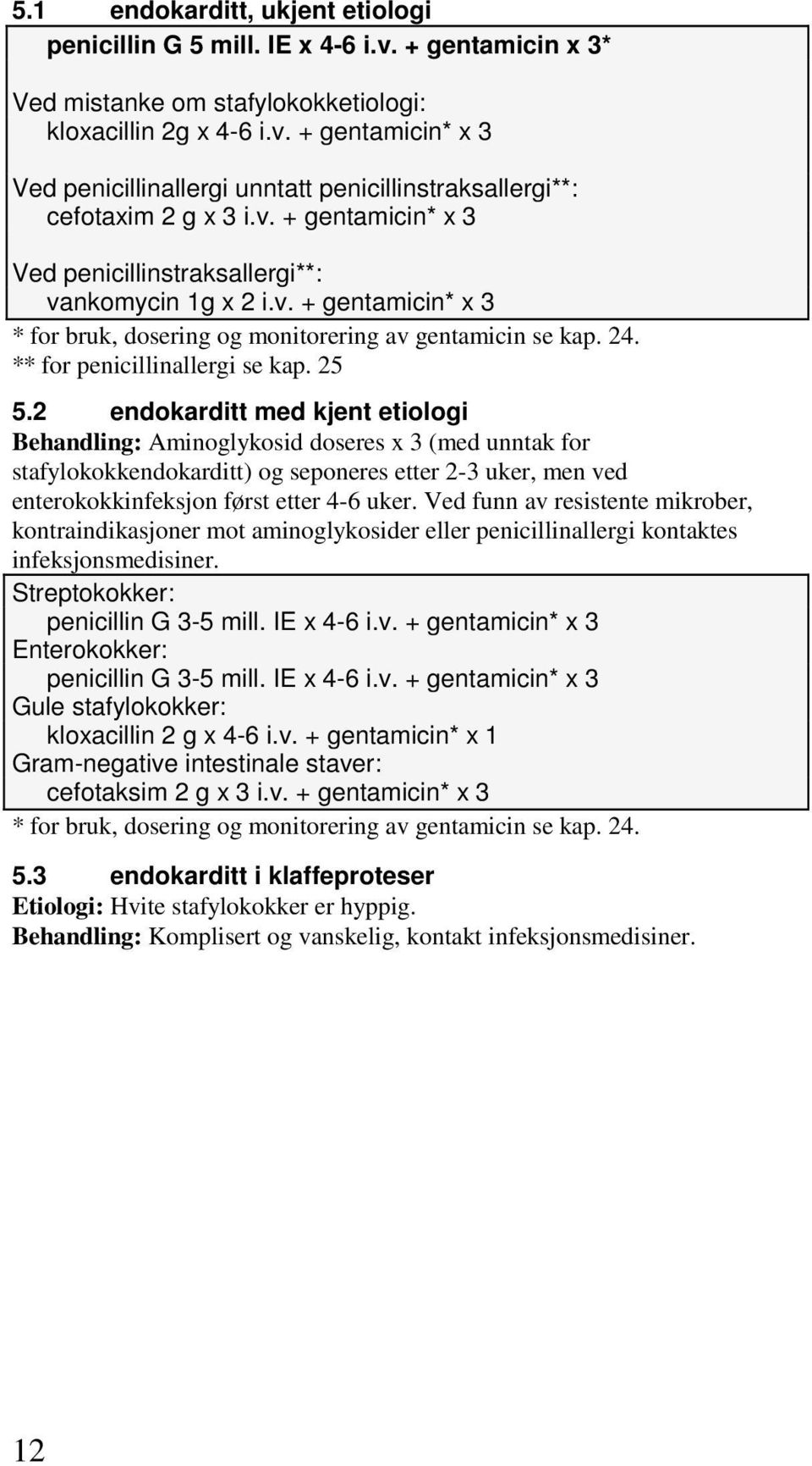 2 endokarditt med kjent etiologi Behandling: Aminoglykosid doseres x 3 (med unntak for stafylokokkendokarditt) og seponeres etter 2-3 uker, men ved enterokokkinfeksjon først etter 4-6 uker.
