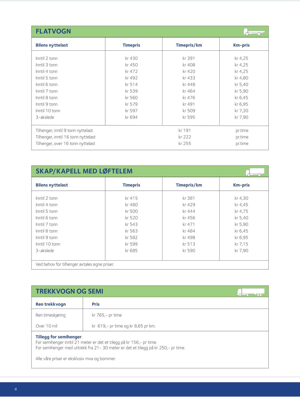 kr 595 kr 7,90 Tilhenger, inntil 9 tonn nyttelast kr 191 pr.time Tilhenger, inntil 16 tonn nyttelast kr 222 pr.time Tilhenger, over 16 tonn nyttelast kr 255 pr.